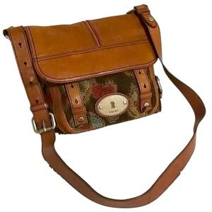 Vintage FOSSIL Maddox Tapestry Satchel Genuine Leather Purse Straps Accents Flap